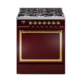 ILVE Nostalgie II Noblesse 30-Inch Propane Gas Dual Fuel Range with Solid Door in Burgundy with Brass Trim (UN30QNMPBUGLP)