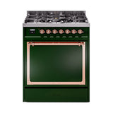 ILVE Nostalgie II Noblesse 30-Inch Propane Gas Dual Fuel Range with Solid Door in Emerald Green with Copper Trim (UN30QNMPEGPLP)