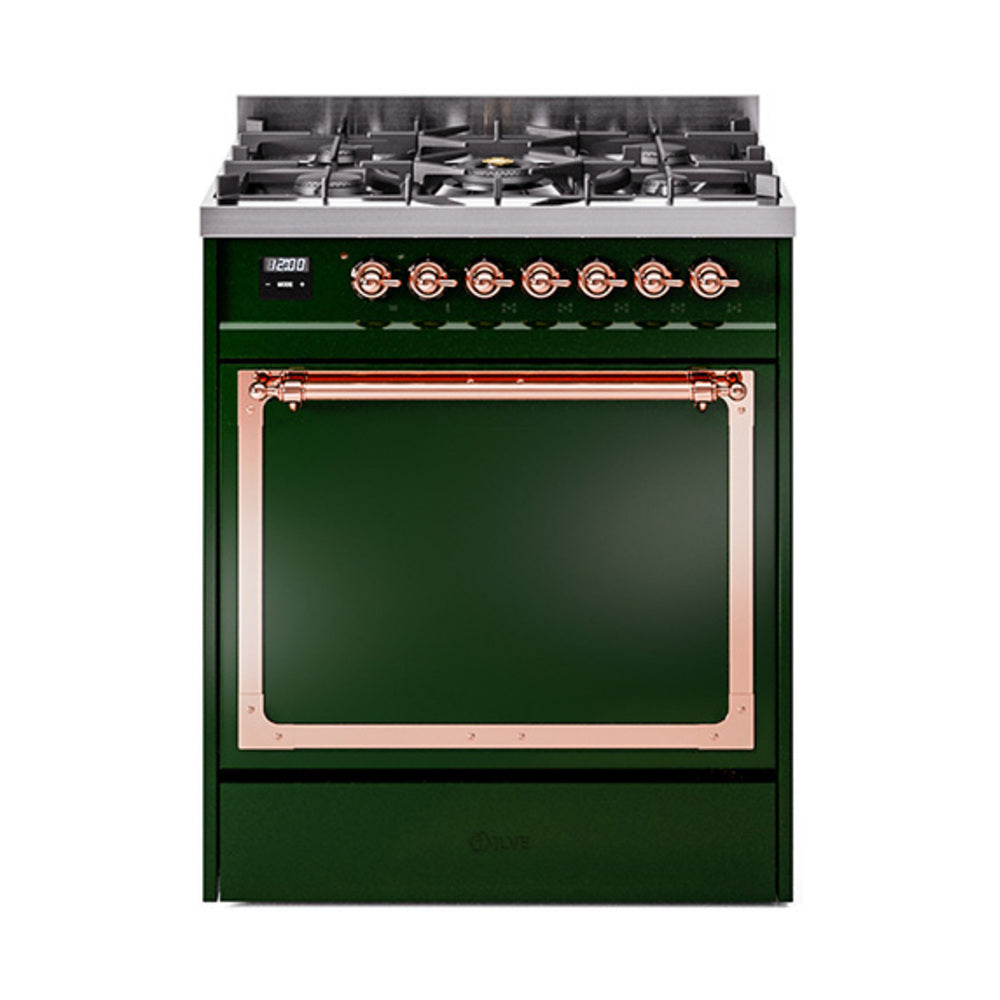ILVE Nostalgie II Noblesse 30-Inch Natural Gas Dual Fuel Range with Solid Door in Emerald Green with Copper Trim (UN30QNMPEGP)
