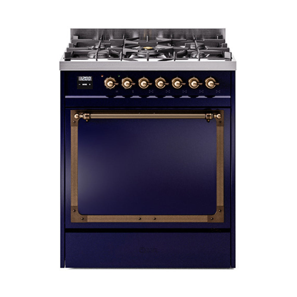 ILVE Nostalgie II Noblesse 30-Inch Propane Gas Dual Fuel Range with Solid Door in Midnight Blue with Bronze Trim (UN30QNMPMBBLP)