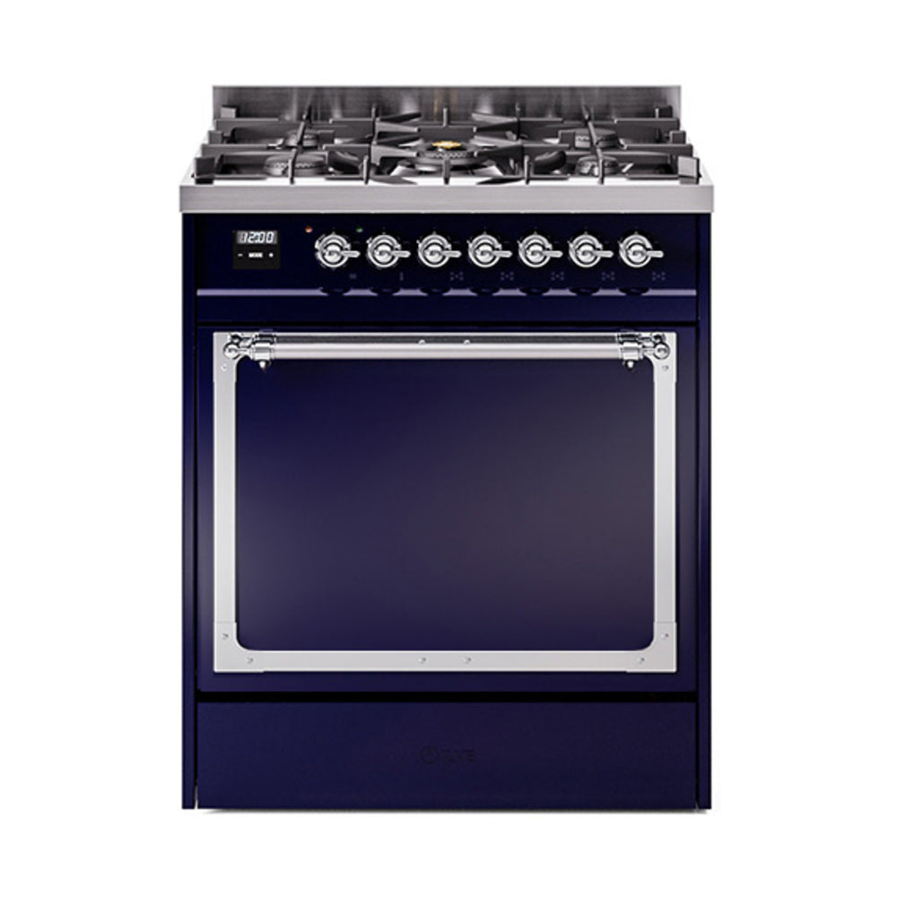 ILVE Nostalgie II Noblesse 30-Inch Propane Gas Dual Fuel Range with Solid Door in Midnight Blue with Chrome Trim (UN30QNMPMBCLP)
