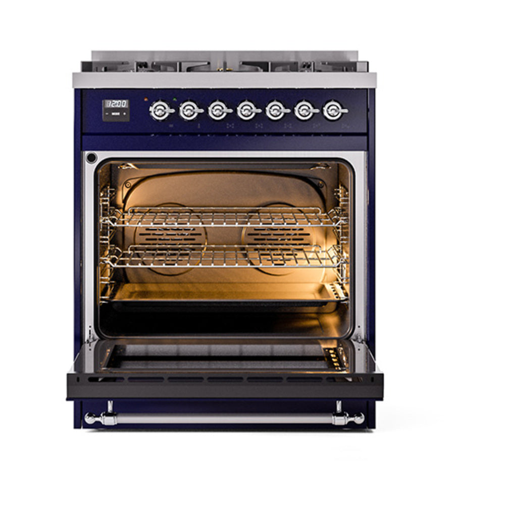 ILVE Nostalgie II Noblesse 30-Inch Propane Gas Dual Fuel Range with Solid Door in Midnight Blue with Chrome Trim (UN30QNMPMBCLP)