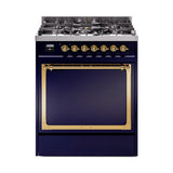 ILVE Nostalgie II Noblesse 30-Inch Natural Gas Dual Fuel Range with Solid Door in Midnight Blue with Brass Trim (UN30QNMPMBG)