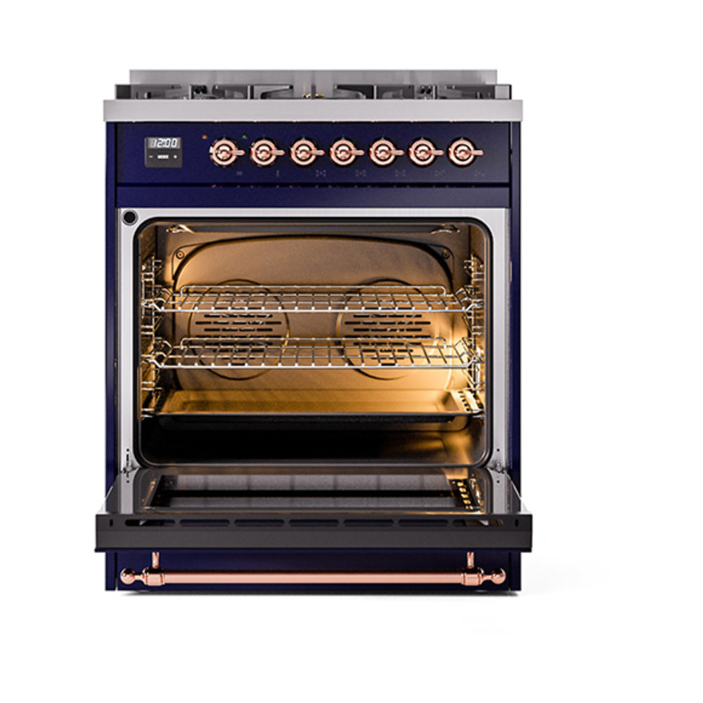 ILVE Nostalgie II Noblesse 30-Inch Propane Gas Dual Fuel Range with Solid Door in Midnight Blue with Copper Trim (UN30QNMPMBPLP)