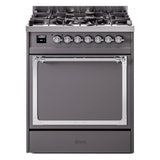 ILVE Nostalgie II Noblesse 30-Inch Natural Gas Dual Fuel Range with Solid Door in Matte Graphite with Chrome Trim (UN30QNMPMGC)