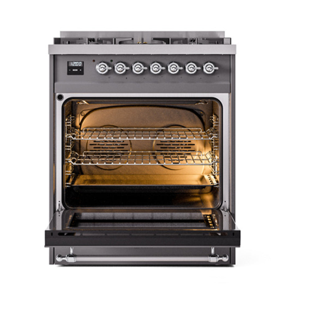 ILVE Nostalgie II Noblesse 30-Inch Natural Gas Dual Fuel Range with Solid Door in Matte Graphite with Chrome Trim (UN30QNMPMGC)