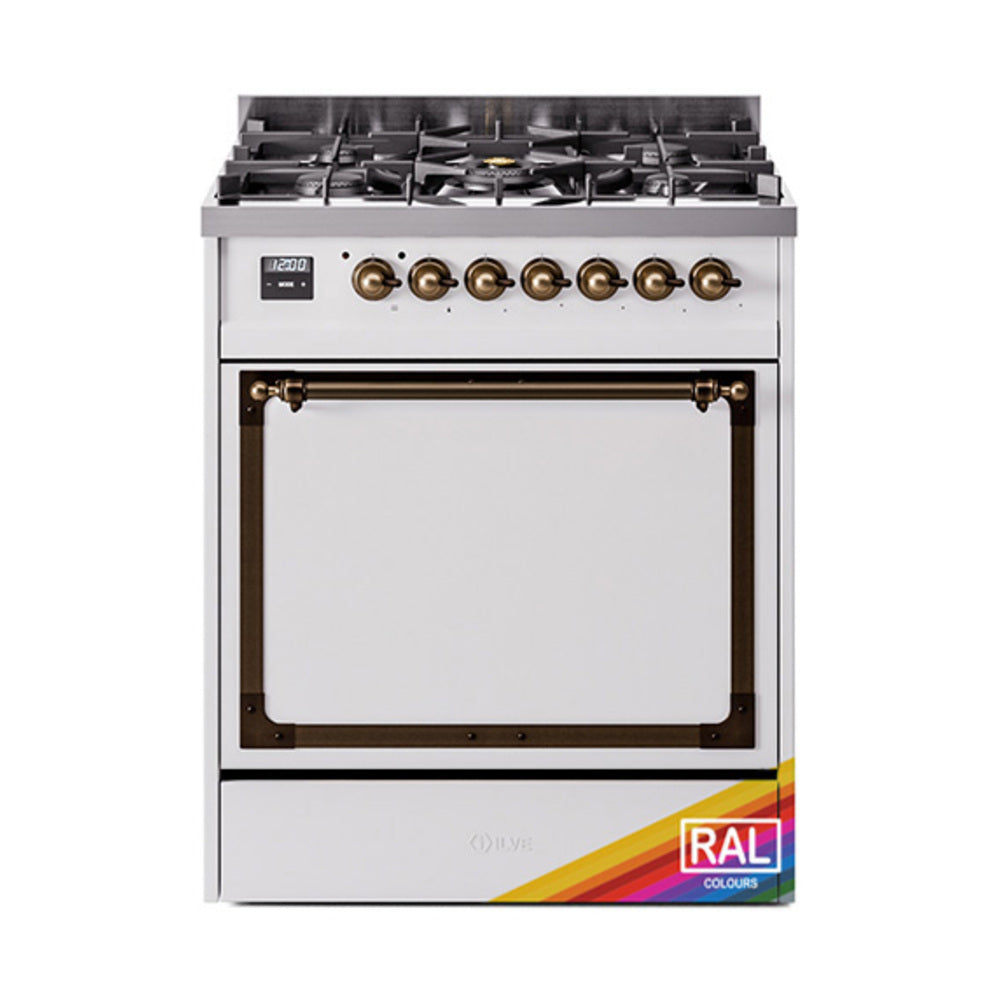 ILVE Nostalgie II Noblesse 30-Inch Propane Gas Dual Fuel Range with Solid Door in Custom RAL with Bronze Trim (UN30QNMPRABLP)