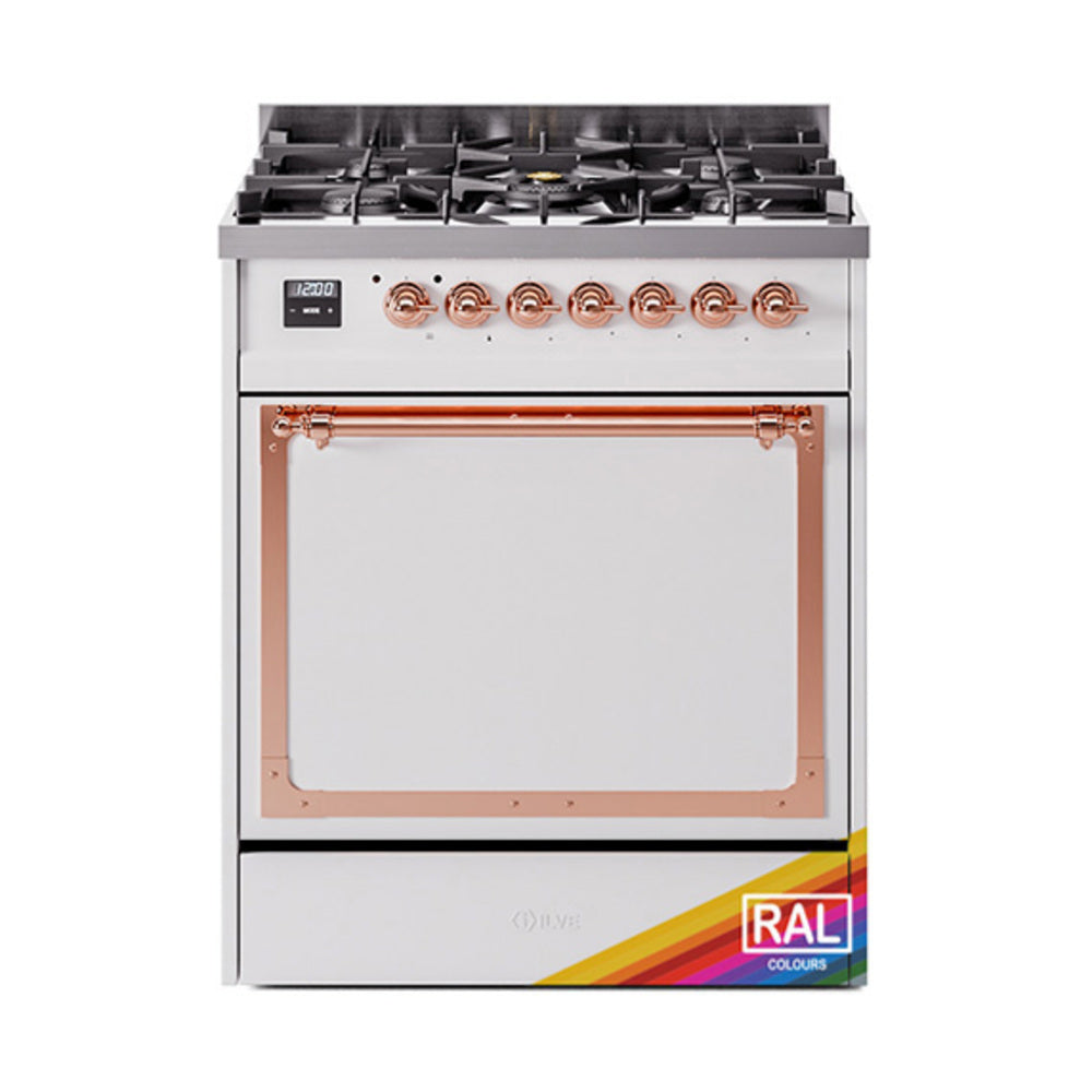 ILVE Nostalgie II Noblesse 30-Inch Natural Gas Dual Fuel Range with Solid Door in Custom RAL with Copper Trim (UN30QNMPRAP)