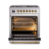 ILVE Nostalgie II Noblesse 30-Inch Natural Gas Dual Fuel Range with Solid Door in Stainless Steel with Brass Trim (UN30QNMPSSG)