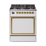 ILVE Nostalgie II Noblesse 30-Inch Natural Gas Dual Fuel Range with Solid Door in White with Brass Trim (UN30QNMPWHG)