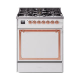 ILVE Nostalgie II Noblesse 30-Inch Propane Gas Dual Fuel Range with Solid Door in White with Copper Trim (UN30QNMPWHPLP)