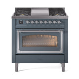ILVE Nostalgie II Noblesse 36-Inch Natural Gas Dual Fuel Range and Triple Glass Door in Blue Grey with Chrome Trim (UN36FNMPBGC)