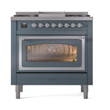 ILVE Nostalgie II Noblesse 36-Inch Natural Gas Dual Fuel Range and Triple Glass Door in Blue Grey with Chrome Trim (UN36FNMPBGC)