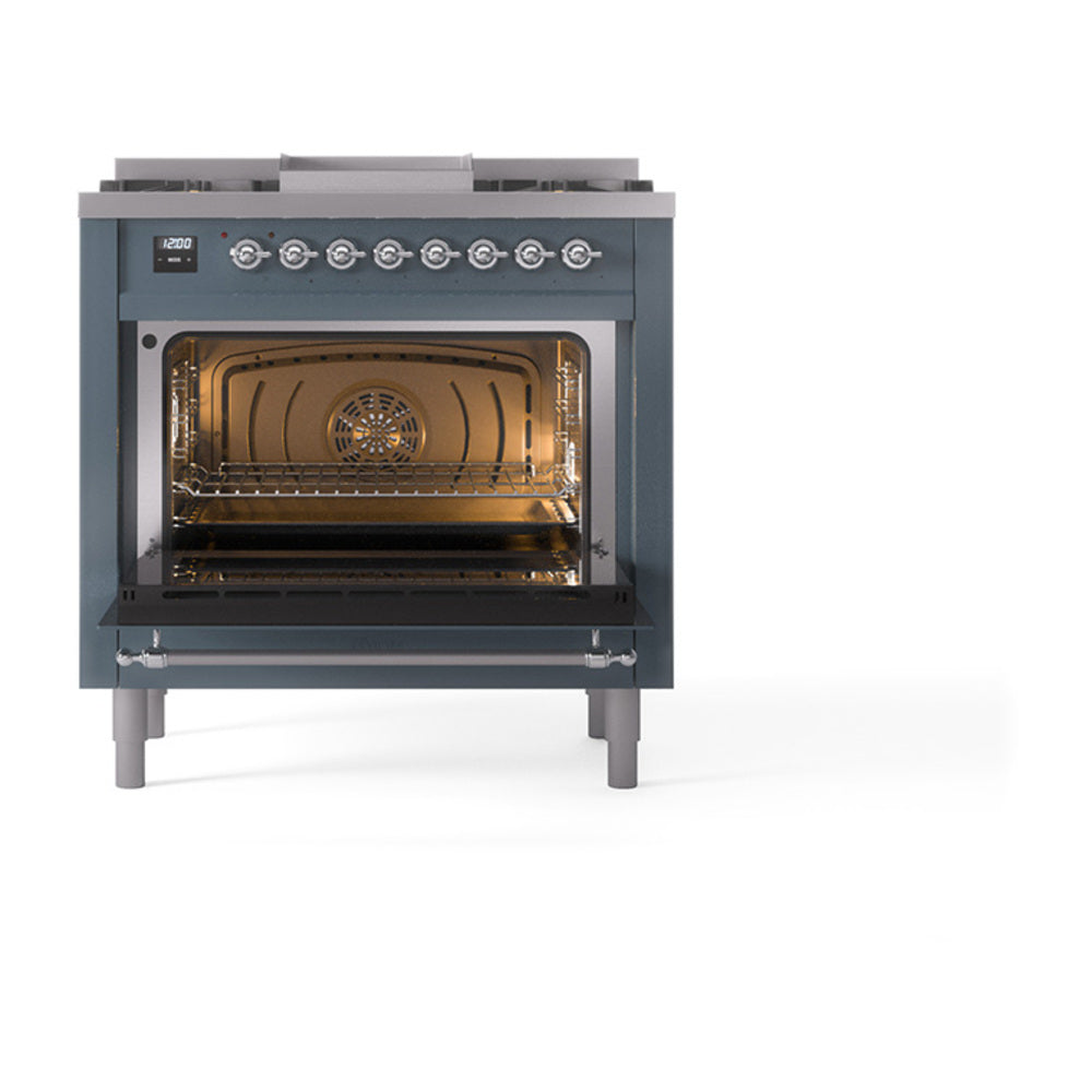 ILVE Nostalgie II Noblesse 36-Inch Natural Gas Dual Fuel Range and Triple Glass Door in Blue Grey with Chrome Trim (UN36FNMPBGC)