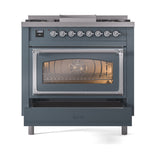 ILVE Nostalgie II Noblesse 36-Inch Natural Gas Dual Fuel Range and Triple Glass Door in Blue Grey with Chrome Trim (UN36FNMPBGC)
