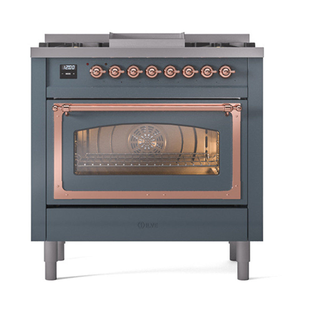 ILVE Nostalgie II Noblesse 36-Inch Natural Gas Dual Fuel Range and Triple Glass Door in Blue Grey with Copper Trim (UN36FNMPBGP)