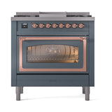 ILVE Nostalgie II Noblesse 36-Inch Natural Gas Dual Fuel Range and Triple Glass Door in Blue Grey with Copper Trim (UN36FNMPBGP)