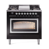 ILVE Nostalgie II Noblesse 36-Inch Natural Gas Dual Fuel Range and Triple Glass Door in Glossy Black with Chrome Trim (UN36FNMPBKC)