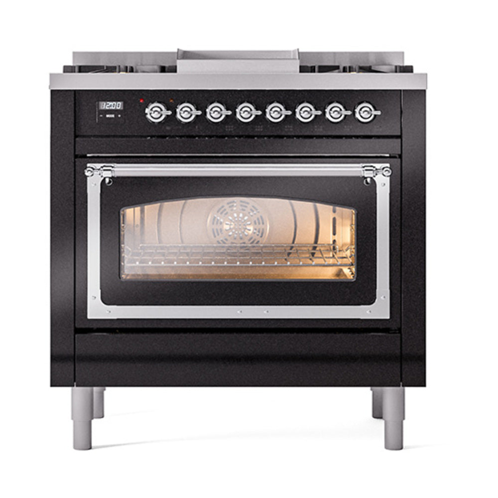ILVE Nostalgie II Noblesse 36-Inch Natural Gas Dual Fuel Range and Triple Glass Door in Glossy Black with Chrome Trim (UN36FNMPBKC)
