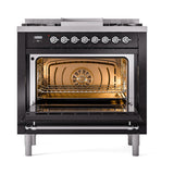 ILVE Nostalgie II Noblesse 36-Inch Natural Gas Dual Fuel Range and Triple Glass Door in Glossy Black with Chrome Trim (UN36FNMPBKC)