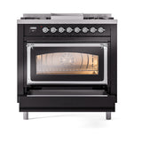 ILVE Nostalgie II Noblesse 36-Inch Natural Gas Dual Fuel Range and Triple Glass Door in Glossy Black with Chrome Trim (UN36FNMPBKC)