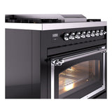 ILVE Nostalgie II Noblesse 36-Inch Natural Gas Dual Fuel Range and Triple Glass Door in Glossy Black with Chrome Trim (UN36FNMPBKC)
