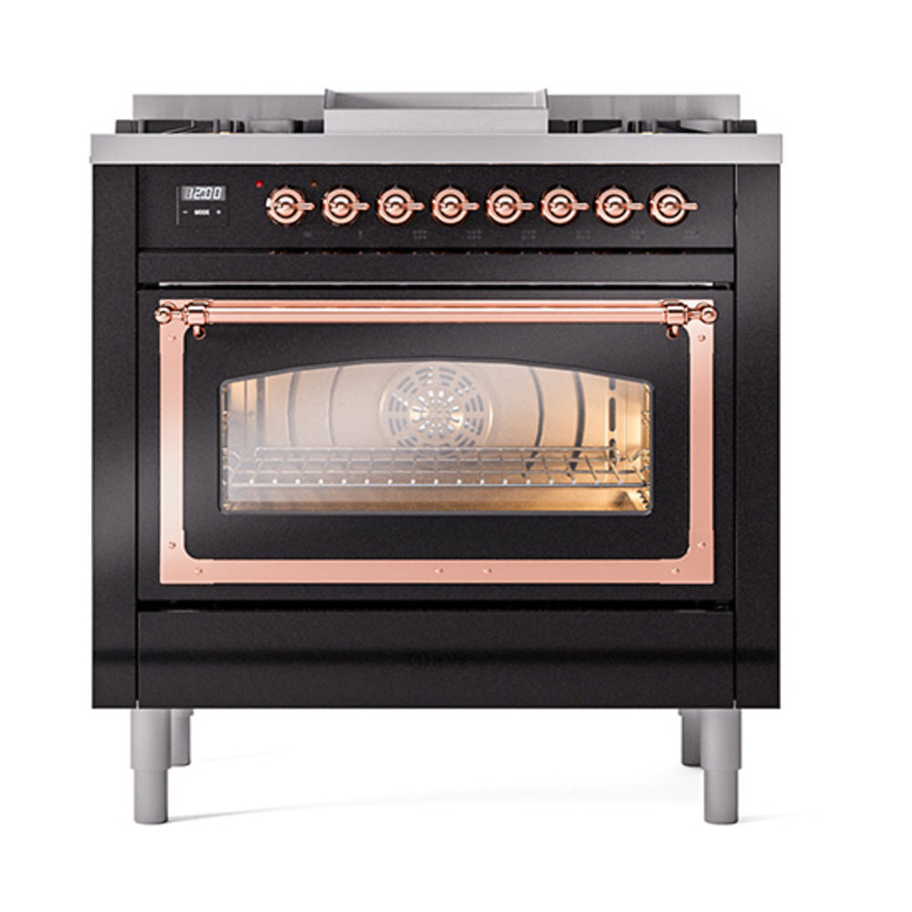 ILVE Nostalgie II Noblesse 36-Inch Natural Gas Dual Fuel Range and Triple Glass Door in Glossy Black with Copper Trim (UN36FNMPBKP)