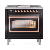 ILVE Nostalgie II Noblesse 36-Inch Natural Gas Dual Fuel Range and Triple Glass Door in Glossy Black with Copper Trim (UN36FNMPBKP)