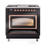 ILVE Nostalgie II Noblesse 36-Inch Propane Gas Dual Fuel Range and Triple Glass Door in Glossy Black with Copper Trim (UN36FNMPBKPLP)