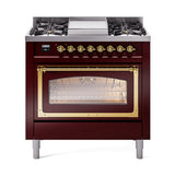 ILVE Nostalgie II Noblesse 36-Inch Natural Gas Dual Fuel Range and Triple Glass Door in Burgundy with Brass Trim (UN36FNMPBUG)