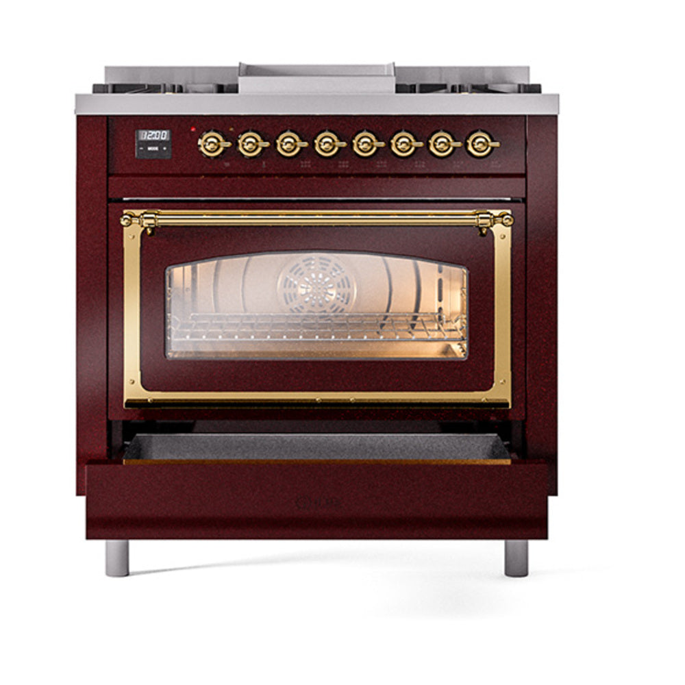 ILVE Nostalgie II Noblesse 36-Inch Natural Gas Dual Fuel Range and Triple Glass Door in Burgundy with Brass Trim (UN36FNMPBUG)