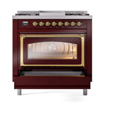 ILVE Nostalgie II Noblesse 36-Inch Natural Gas Dual Fuel Range and Triple Glass Door in Burgundy with Brass Trim (UN36FNMPBUG)