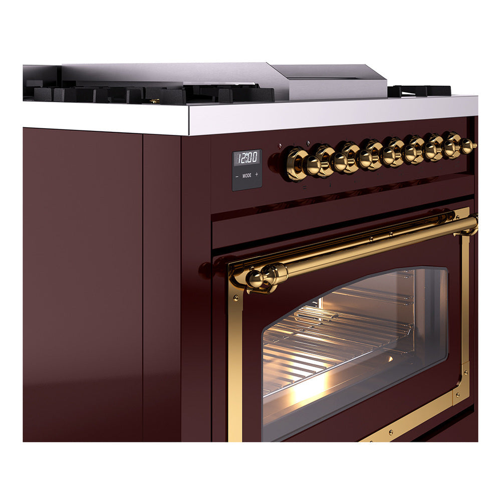 ILVE Nostalgie II Noblesse 36-Inch Natural Gas Dual Fuel Range and Triple Glass Door in Burgundy with Brass Trim (UN36FNMPBUG)
