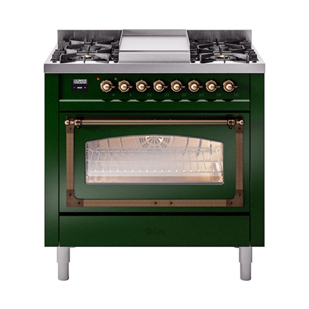 ILVE Nostalgie II Noblesse 36-Inch Natural Gas Dual Fuel Range and Triple Glass Door in Emerald Green with Bronze Trim (UN36FNMPEGB)