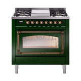 ILVE Nostalgie II Noblesse 36-Inch Natural Gas Dual Fuel Range and Triple Glass Door in Emerald Green with Bronze Trim (UN36FNMPEGB)