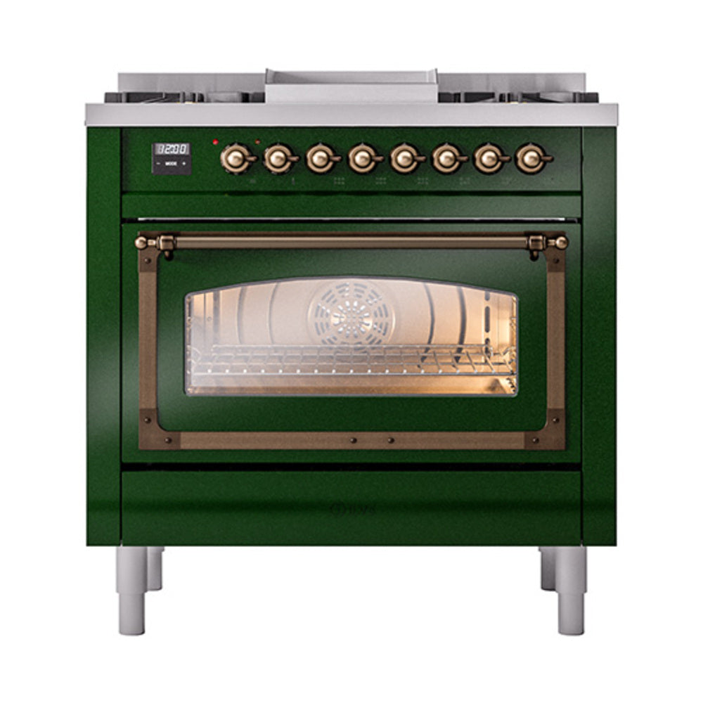 ILVE Nostalgie II Noblesse 36-Inch Natural Gas Dual Fuel Range and Triple Glass Door in Emerald Green with Bronze Trim (UN36FNMPEGB)