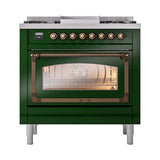 ILVE Nostalgie II Noblesse 36-Inch Natural Gas Dual Fuel Range and Triple Glass Door in Emerald Green with Bronze Trim (UN36FNMPEGB)