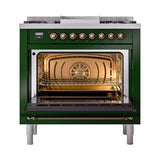 ILVE Nostalgie II Noblesse 36-Inch Natural Gas Dual Fuel Range and Triple Glass Door in Emerald Green with Bronze Trim (UN36FNMPEGB)