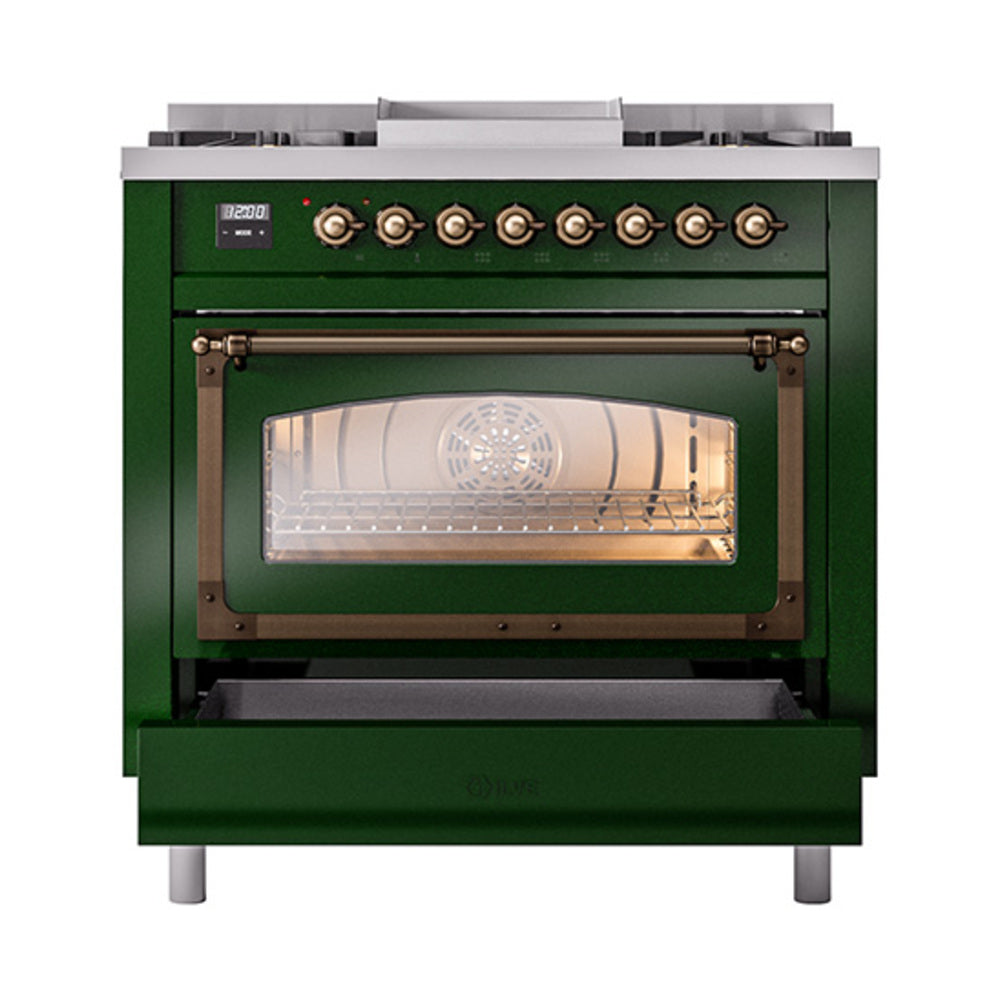 ILVE Nostalgie II Noblesse 36-Inch Natural Gas Dual Fuel Range and Triple Glass Door in Emerald Green with Bronze Trim (UN36FNMPEGB)