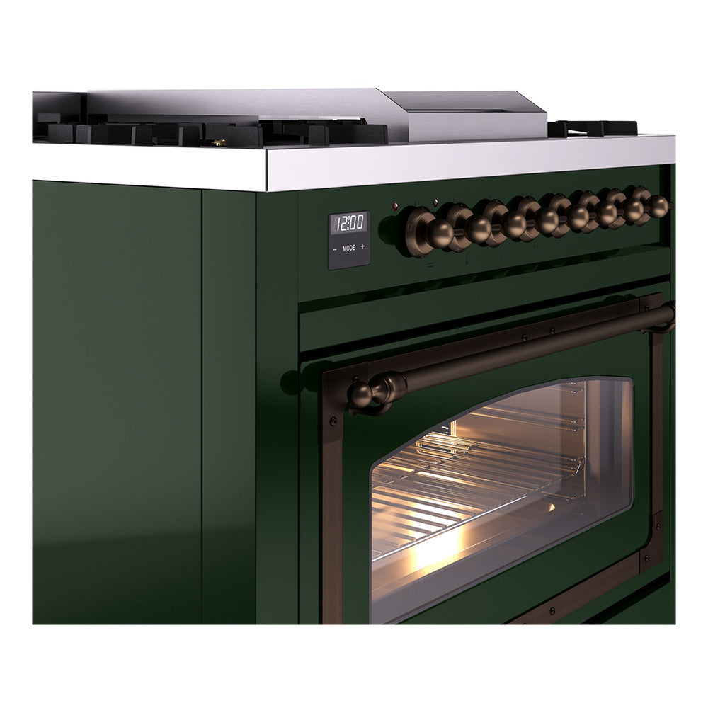 ILVE Nostalgie II Noblesse 36-Inch Natural Gas Dual Fuel Range and Triple Glass Door in Emerald Green with Bronze Trim (UN36FNMPEGB)