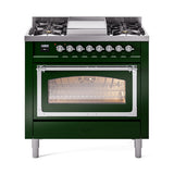 ILVE Nostalgie II Noblesse 36-Inch Natural Gas Dual Fuel Range and Triple Glass Door in Emerald Green with Chrome Trim (UN36FNMPEGC)