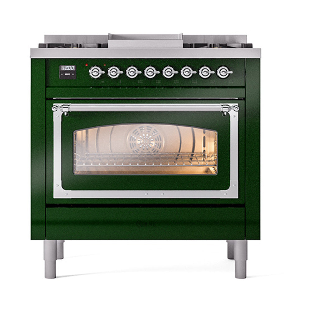 ILVE Nostalgie II Noblesse 36-Inch Propane Gas Dual Fuel Range and Triple Glass Door in Emerald Green with Chrome Trim (UN36FNMPEGCLP)
