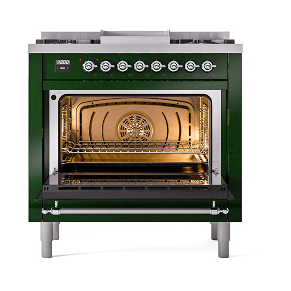 ILVE Nostalgie II Noblesse 36-Inch Natural Gas Dual Fuel Range and Triple Glass Door in Emerald Green with Chrome Trim (UN36FNMPEGC)