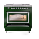 ILVE Nostalgie II Noblesse 36-Inch Natural Gas Dual Fuel Range and Triple Glass Door in Emerald Green with Chrome Trim (UN36FNMPEGC)