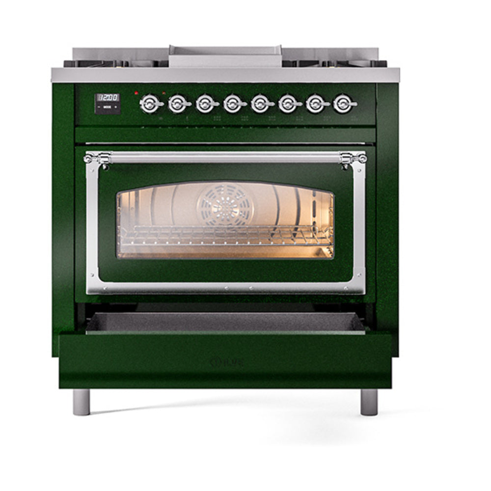 ILVE Nostalgie II Noblesse 36-Inch Propane Gas Dual Fuel Range and Triple Glass Door in Emerald Green with Chrome Trim (UN36FNMPEGCLP)