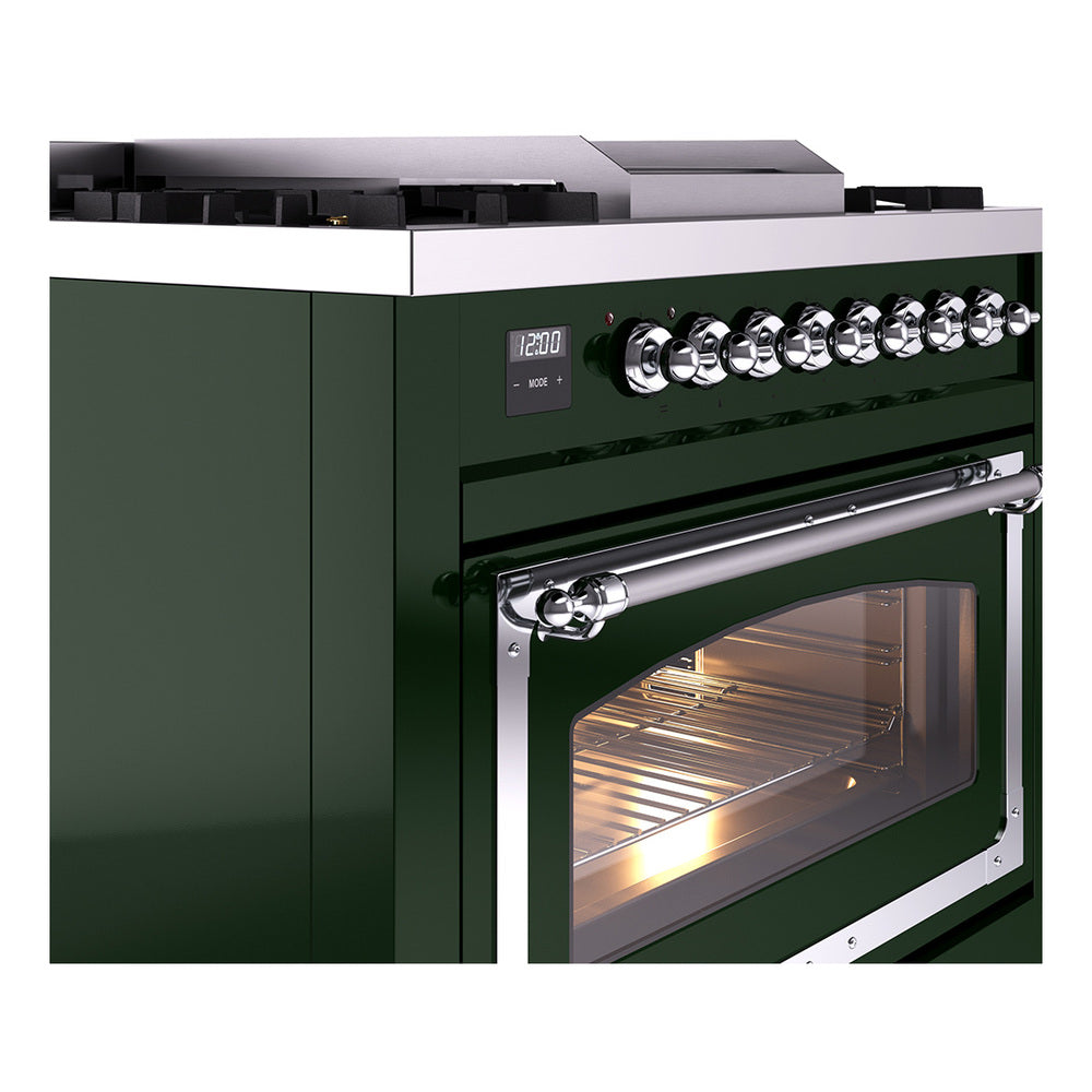 ILVE Nostalgie II Noblesse 36-Inch Natural Gas Dual Fuel Range and Triple Glass Door in Emerald Green with Chrome Trim (UN36FNMPEGC)