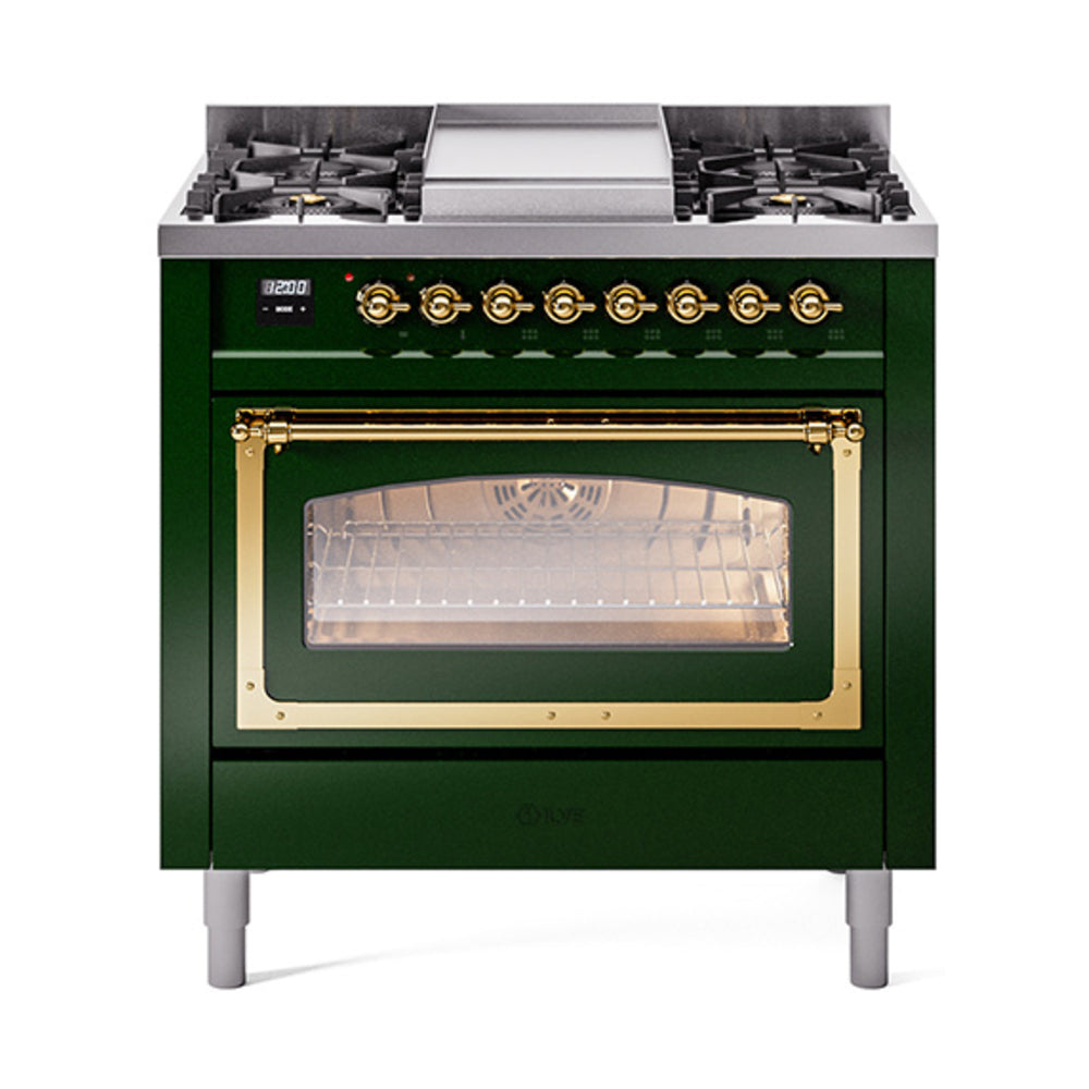 ILVE Nostalgie II Noblesse 36-Inch Natural Gas Dual Fuel Range and Triple Glass Door in Emerald Green with Brass Trim (UN36FNMPEGG)