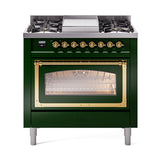 ILVE Nostalgie II Noblesse 36-Inch Natural Gas Dual Fuel Range and Triple Glass Door in Emerald Green with Brass Trim (UN36FNMPEGG)