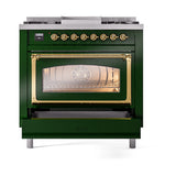 ILVE Nostalgie II Noblesse 36-Inch Propane Gas Dual Fuel Range and Triple Glass Door in Emerald Green with Brass Trim (UN36FNMPEGGLP)