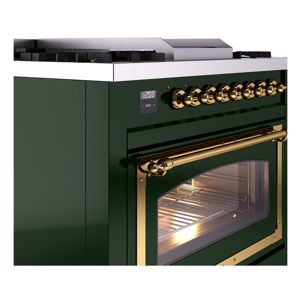 ILVE Nostalgie II Noblesse 36-Inch Natural Gas Dual Fuel Range and Triple Glass Door in Emerald Green with Brass Trim (UN36FNMPEGG)